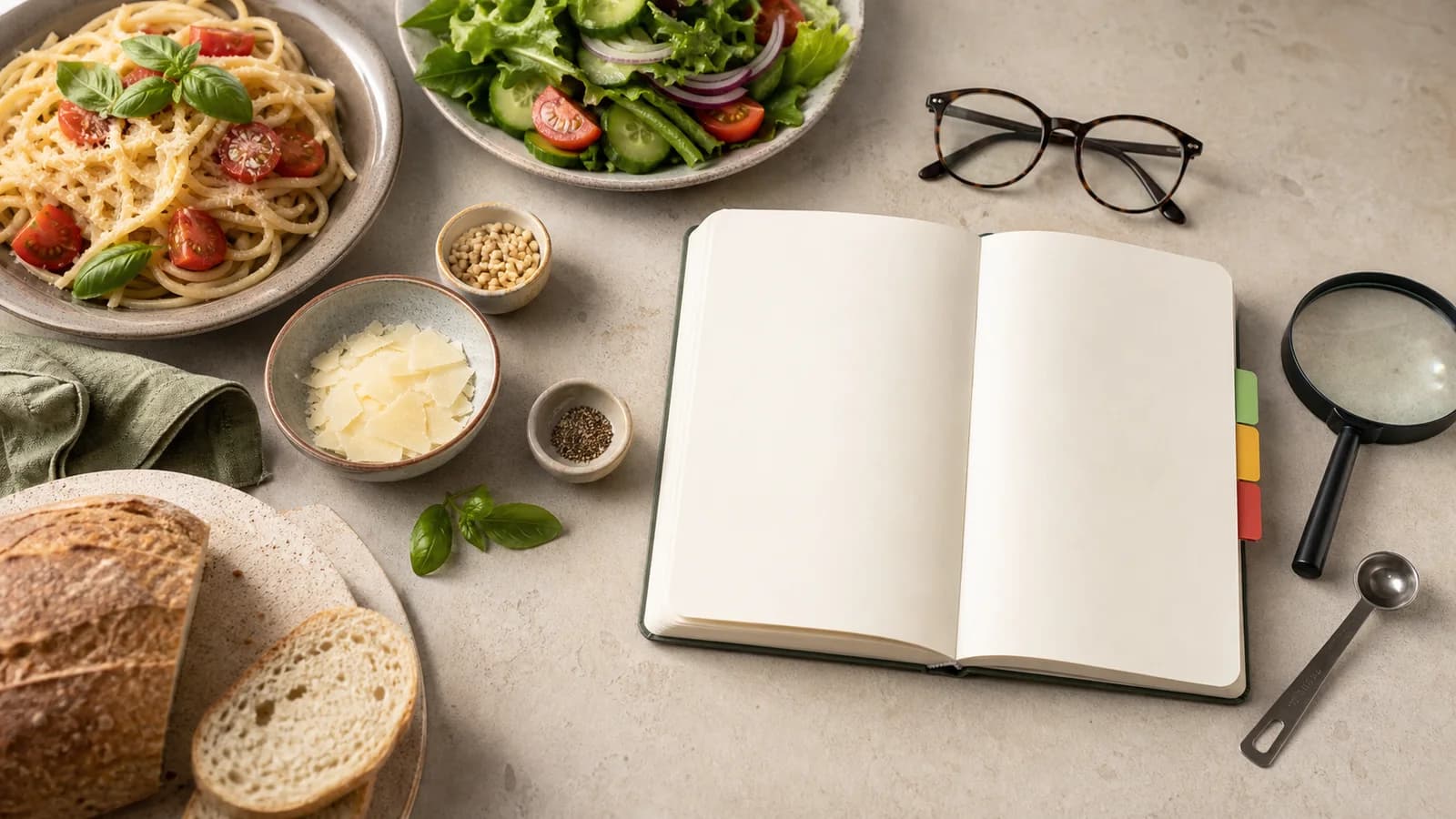 An original allergen-verification workspace with blank notes, ingredient bowls and food