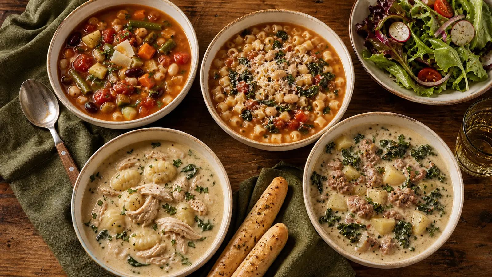 Four distinct Italian-American soups with salad and breadsticks viewed from above