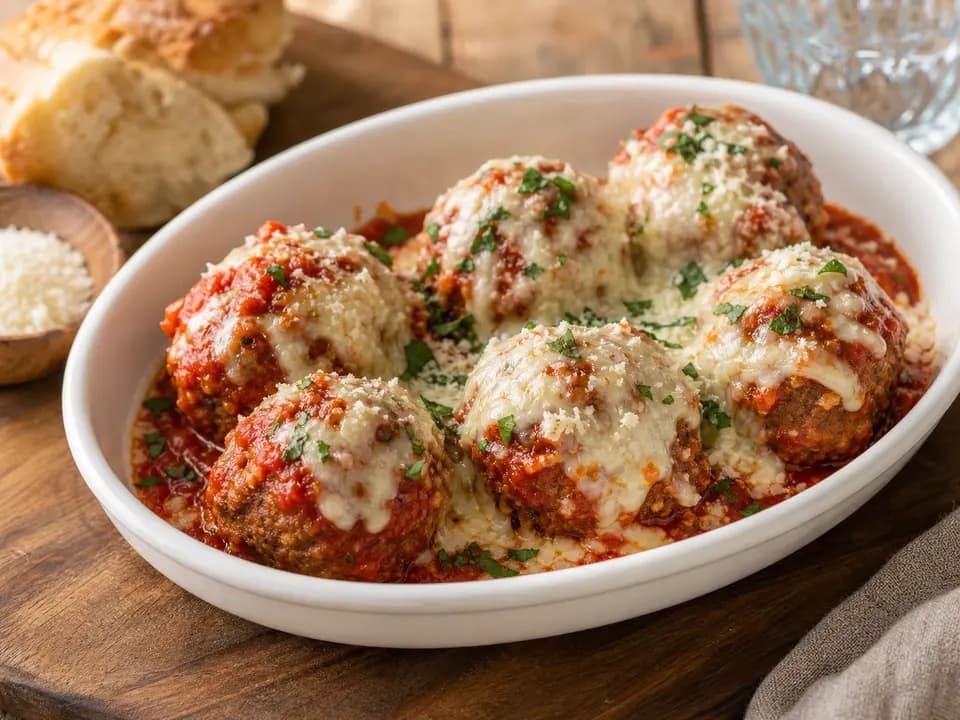 Original editorial rendering of Meatballs Parmigiana for the appetizers menu reference