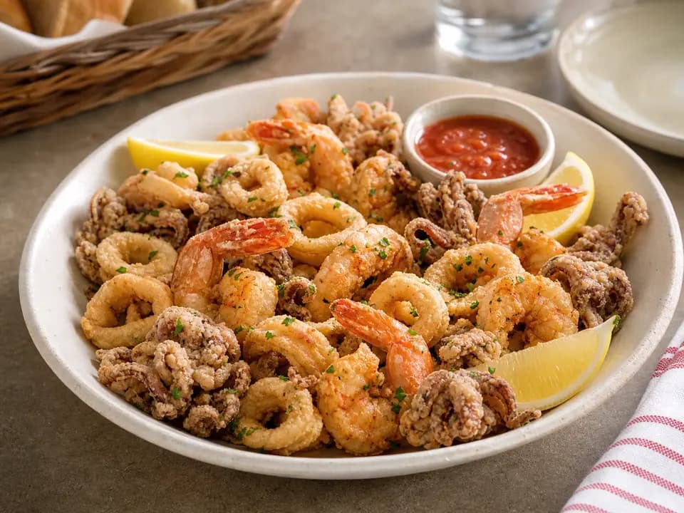 Original editorial rendering of Shrimp Fritto Misto for the appetizers menu reference