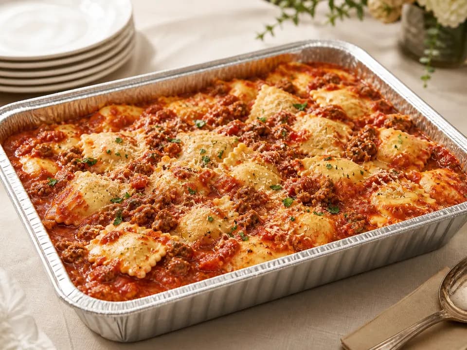Original editorial rendering of Cheese Ravioli with Marinara or Meat Sauce (Serves 4–6) for the catering menu reference