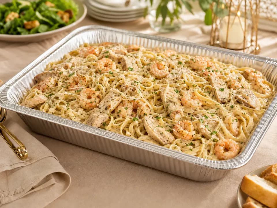 Original editorial rendering of Chicken & Shrimp Carbonara (Serves 4–6) for the catering menu reference