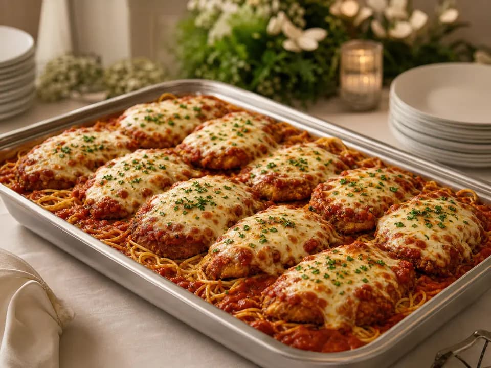 Original editorial rendering of Chicken Parmigiana Combination (Serves 8–14) for the catering menu reference