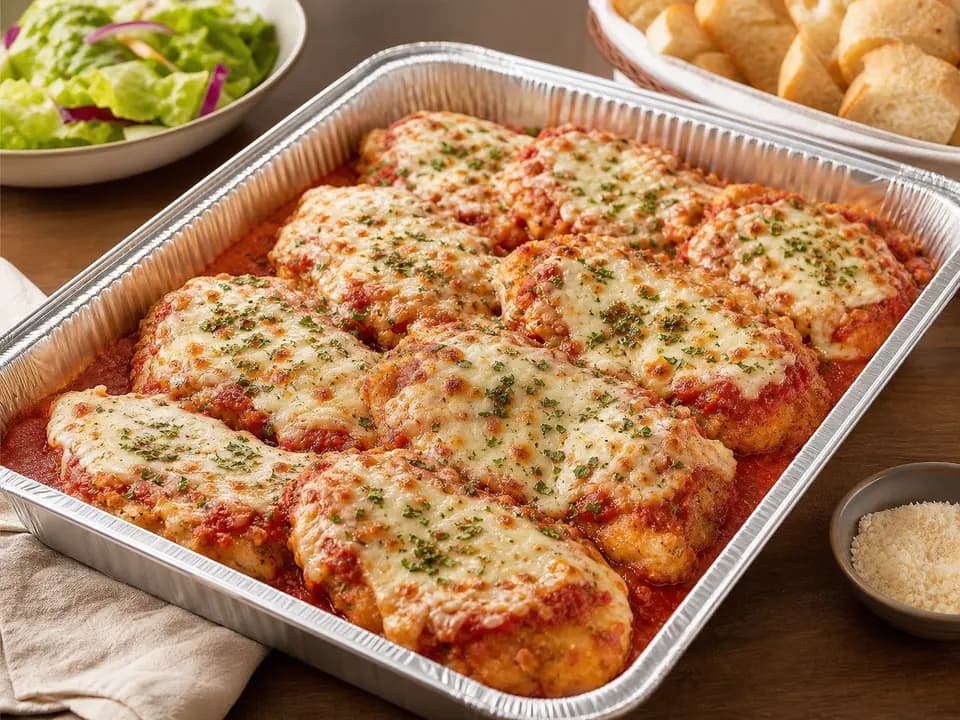 Original editorial rendering of Chicken Parmigiana (Serves 4–6) for the catering menu reference