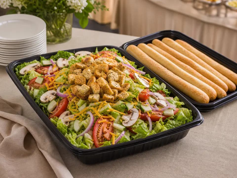 Original editorial rendering of Famous Jumbo House Salad includes 12 Breadsticks (Serves 6) for the catering menu reference