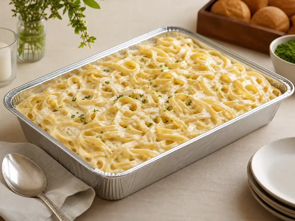 Original editorial rendering of Fettuccine Alfredo (Serves 4–6) for the catering menu reference
