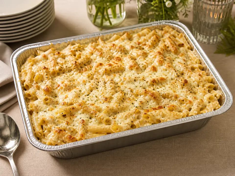 Original editorial rendering of Five Cheese Ziti al Forno (Serves 4–6) for the catering menu reference