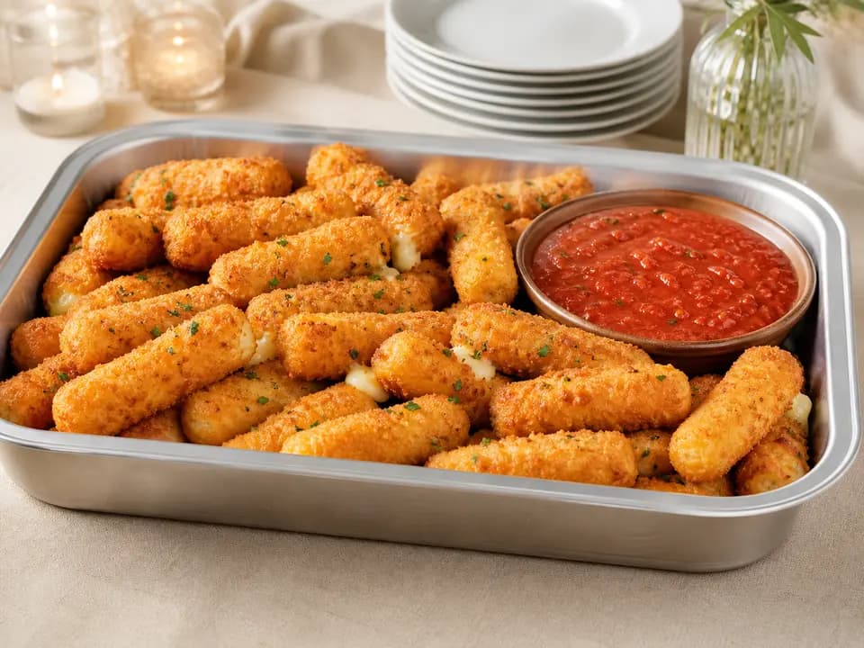 Original editorial rendering of Fried Mozzarella (Serves 4–6) for the catering menu reference