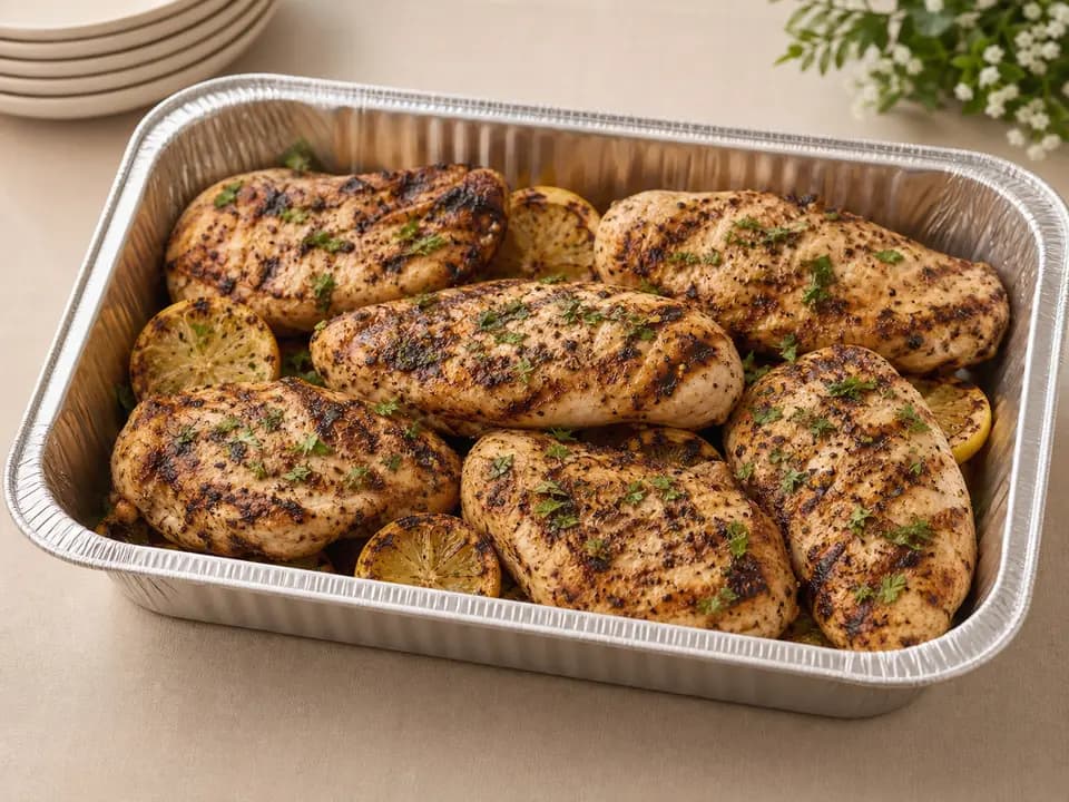 Original editorial rendering of Grilled Chicken Breasts (Serves 4–6) for the catering menu reference