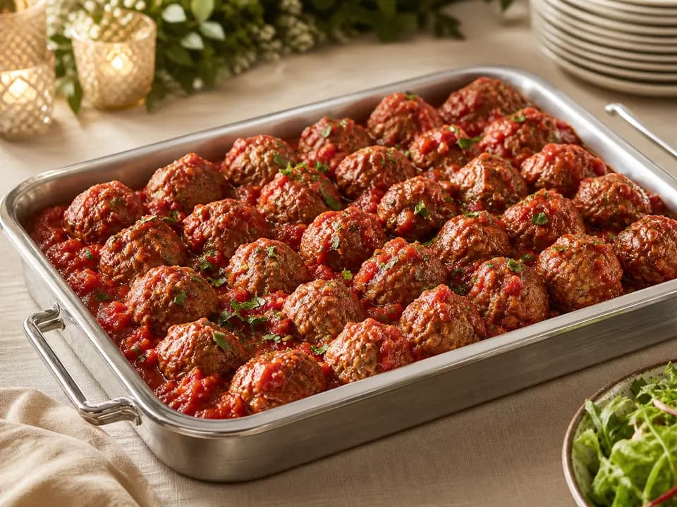 Original editorial rendering of Italian Meatballs (Serves 4–6) for the catering menu reference