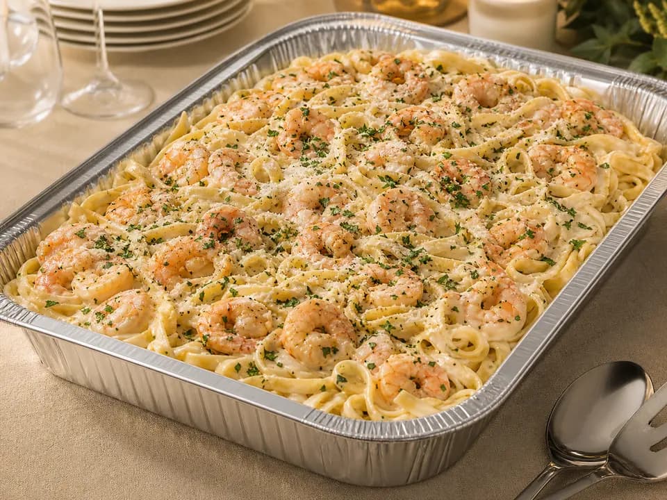 Original editorial rendering of Shrimp Alfredo (Serves 4–6) for the catering menu reference