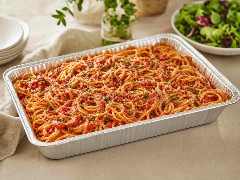 Original editorial rendering of Spaghetti with Marinara Sauce (Serves 4–6) for the catering menu reference