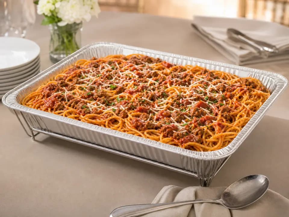 Original editorial rendering of Spaghetti with Meat Sauce (Serves 4–6) for the catering menu reference
