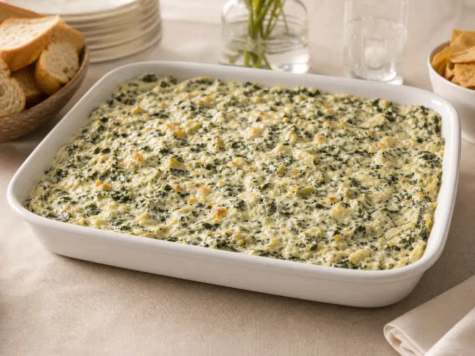 Original editorial rendering of Spinach-Artichoke Dip (Serves 4–6) for the catering menu reference