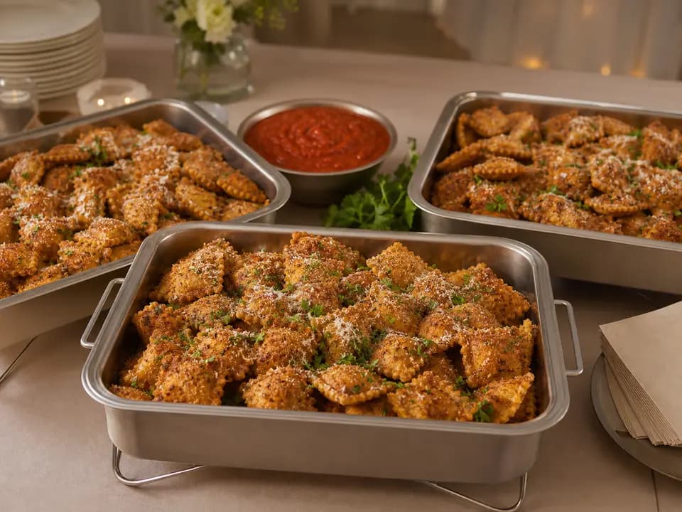 Original editorial rendering of Toasted Beef Ravioli (Serves 4–6) for the catering menu reference