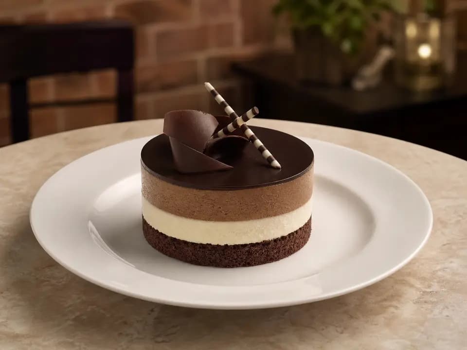 Original editorial rendering of Black Tie Mousse Cake (V) for the desserts menu reference
