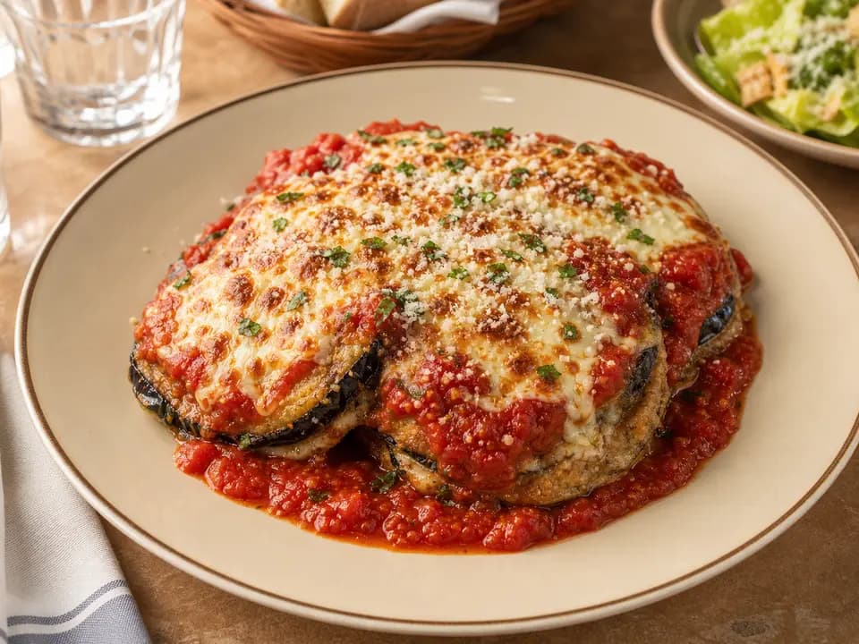 Original editorial rendering of Eggplant Parmigiana for the dinner menu reference