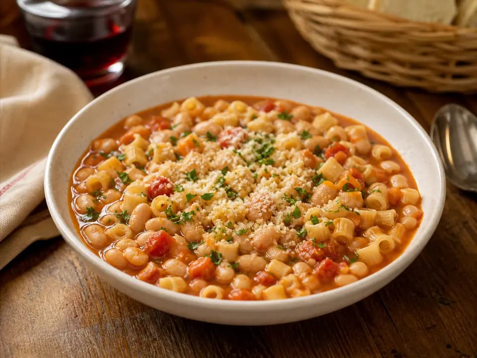 Original editorial rendering of Pasta e Fagioli (cup) for the dinner menu reference