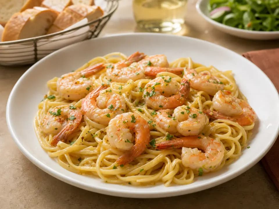 Original editorial rendering of Shrimp Scampi for the dinner menu reference