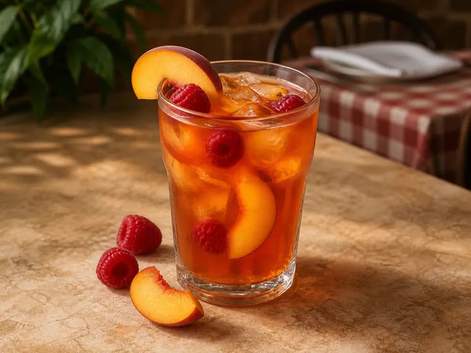 Original editorial rendering of Peach-Raspberry Iced Tea for the drinks menu reference