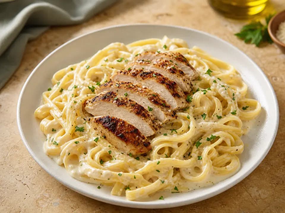 Original editorial rendering of Chicken Alfredo for the entrees menu reference