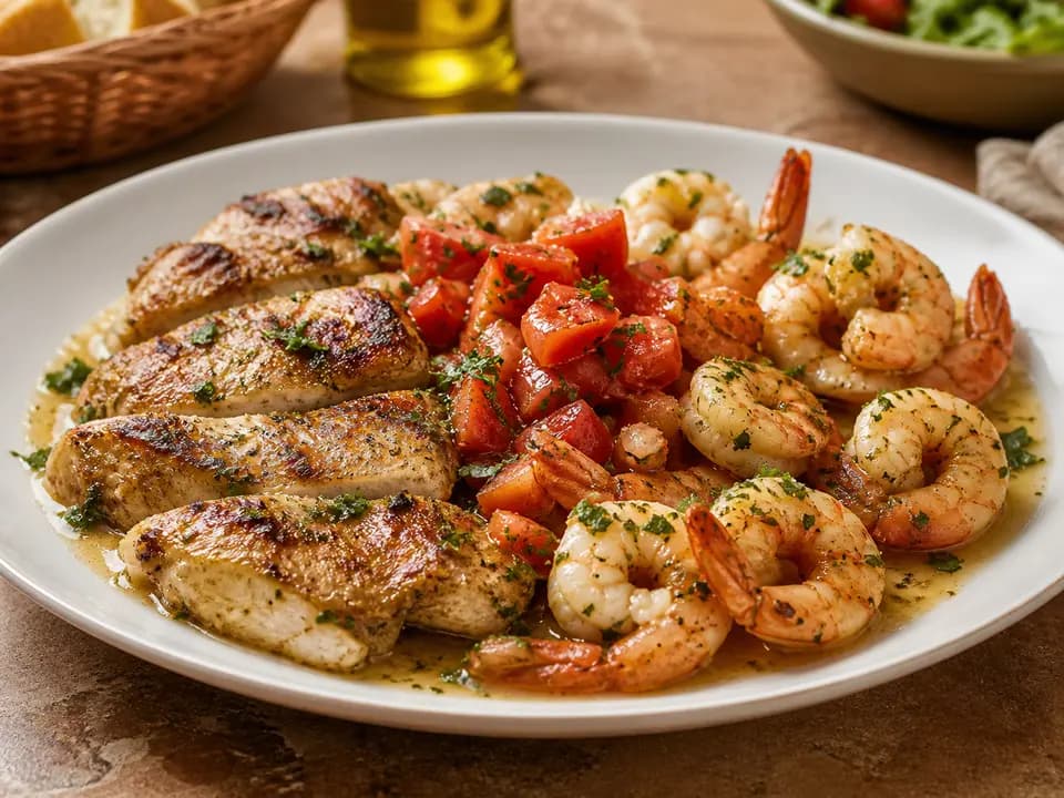 Original editorial rendering of Chicken and Shrimp for the entrees menu reference