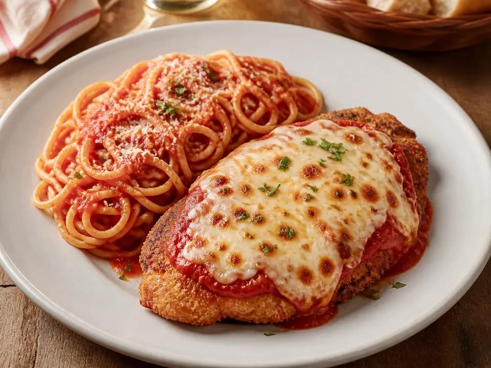 Original editorial rendering of Chicken Parmigiana for the entrees menu reference