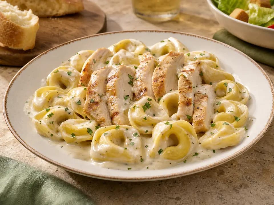 Original editorial rendering of Chicken Tortelloni Alfredo for the entrees menu reference