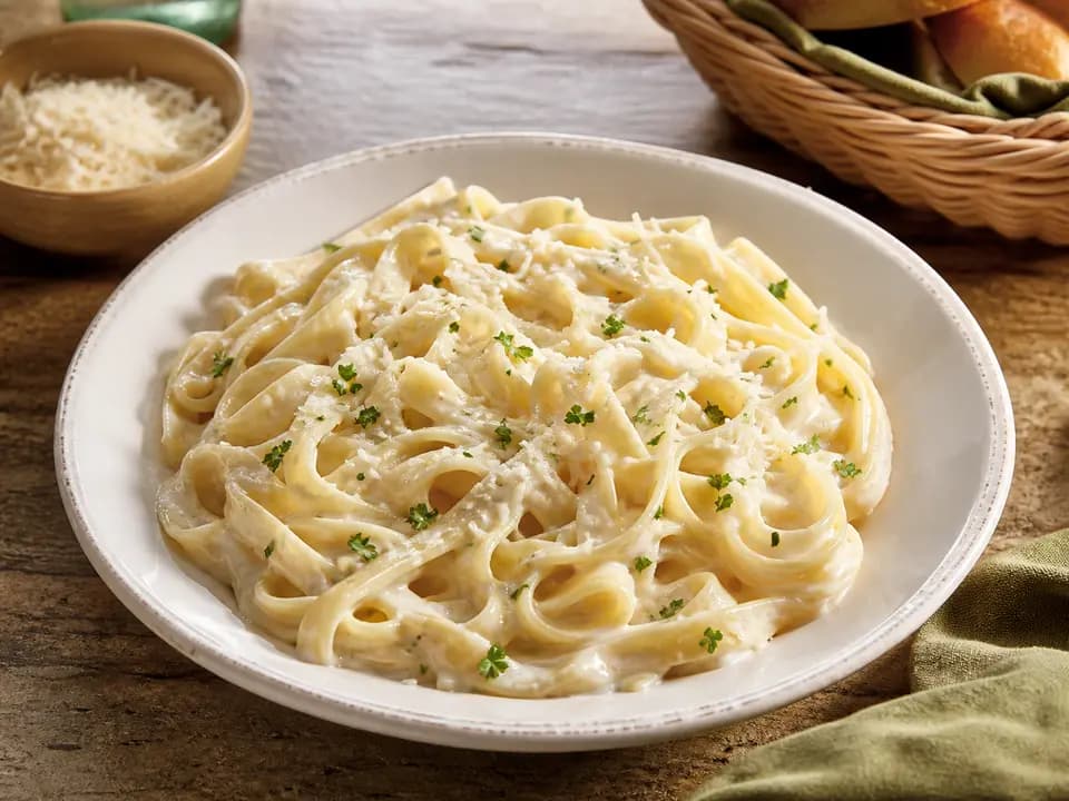 Original editorial rendering of Fettuccine Alfredo (V) for the entrees menu reference