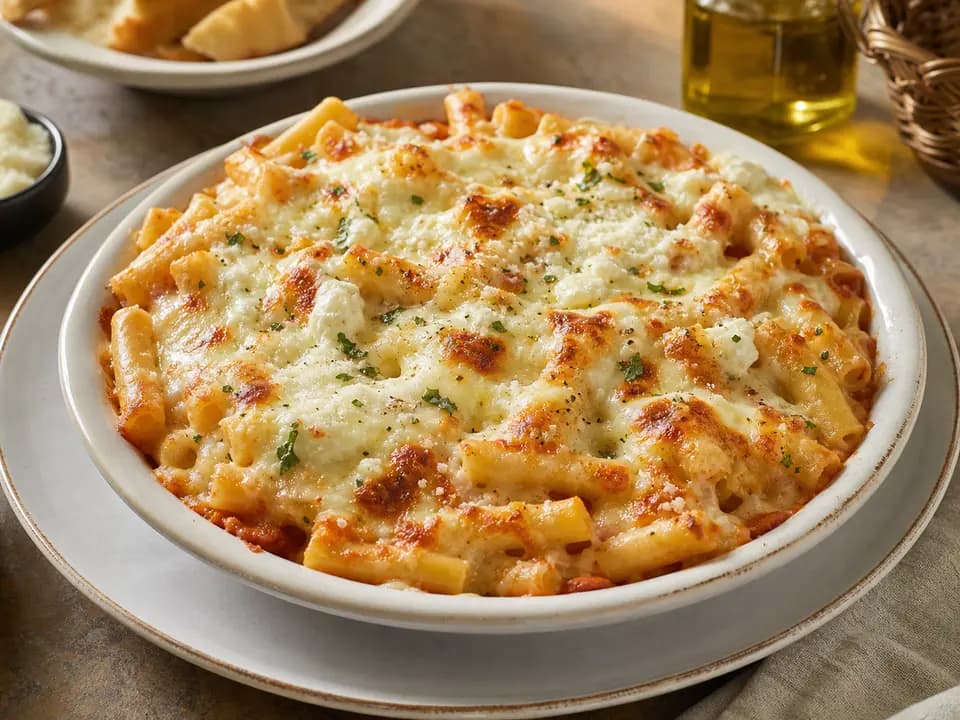 Original editorial rendering of Five Cheese Ziti al Forno for the entrees menu reference