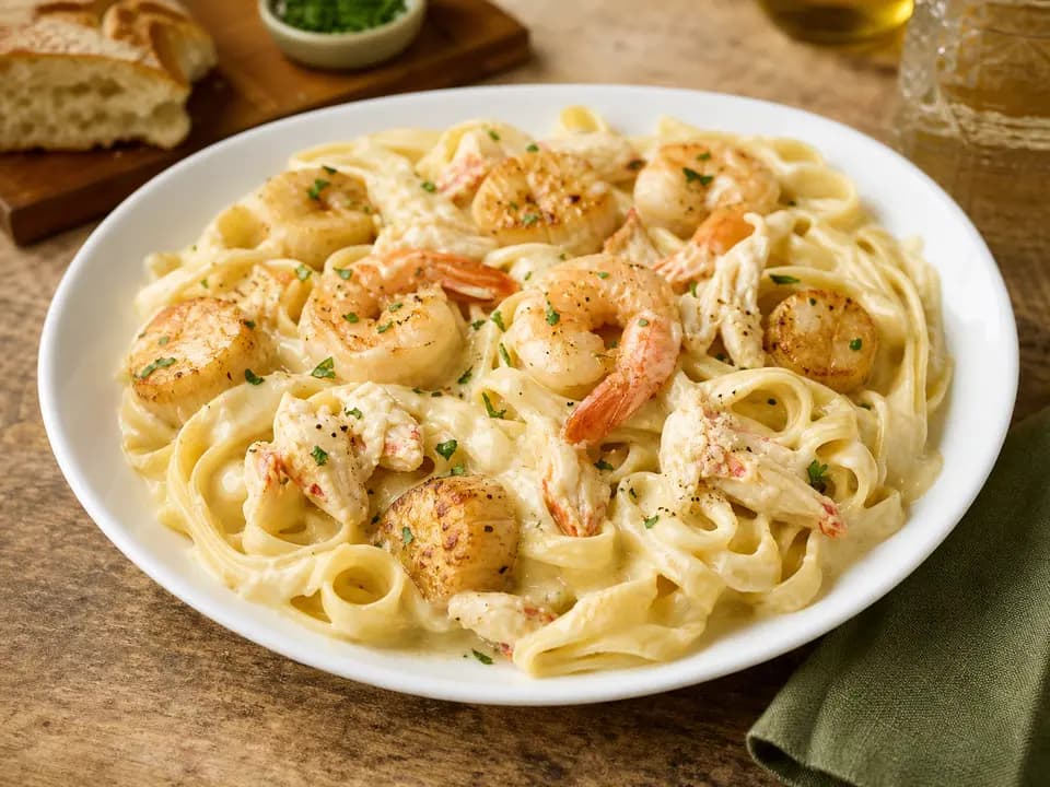 Original editorial rendering of Seafood Alfredo for the entrees menu reference