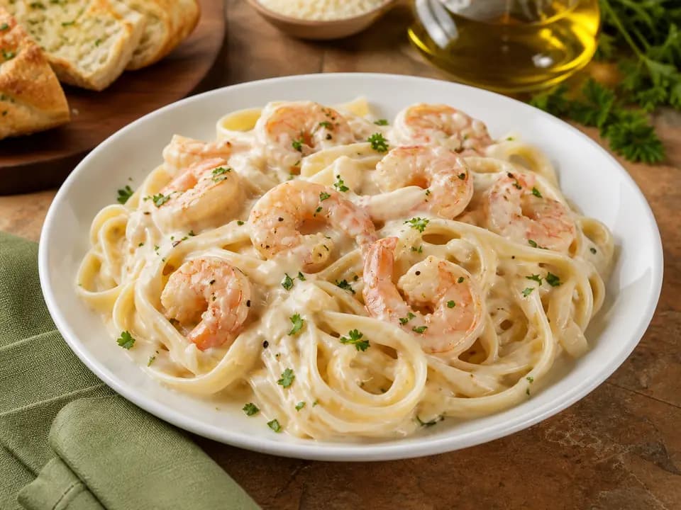 Original editorial rendering of Shrimp Alfredo for the entrees menu reference