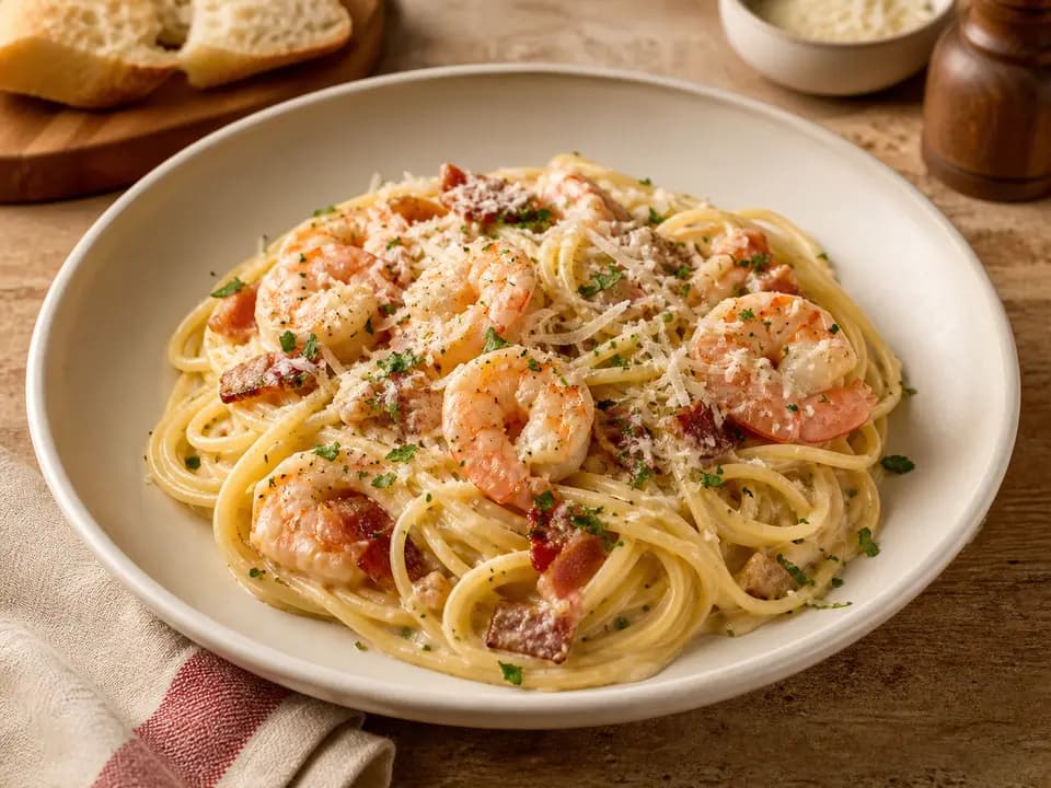 Original editorial rendering of Shrimp Carbonara for the entrees menu reference