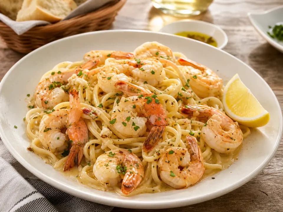 Original editorial rendering of Shrimp Scampi for the entrees menu reference
