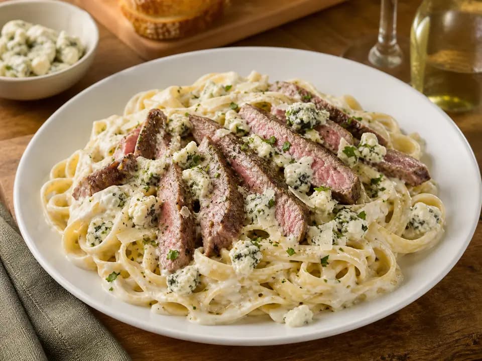 Original editorial rendering of Steak Gorgonzola Alfredo for the entrees menu reference