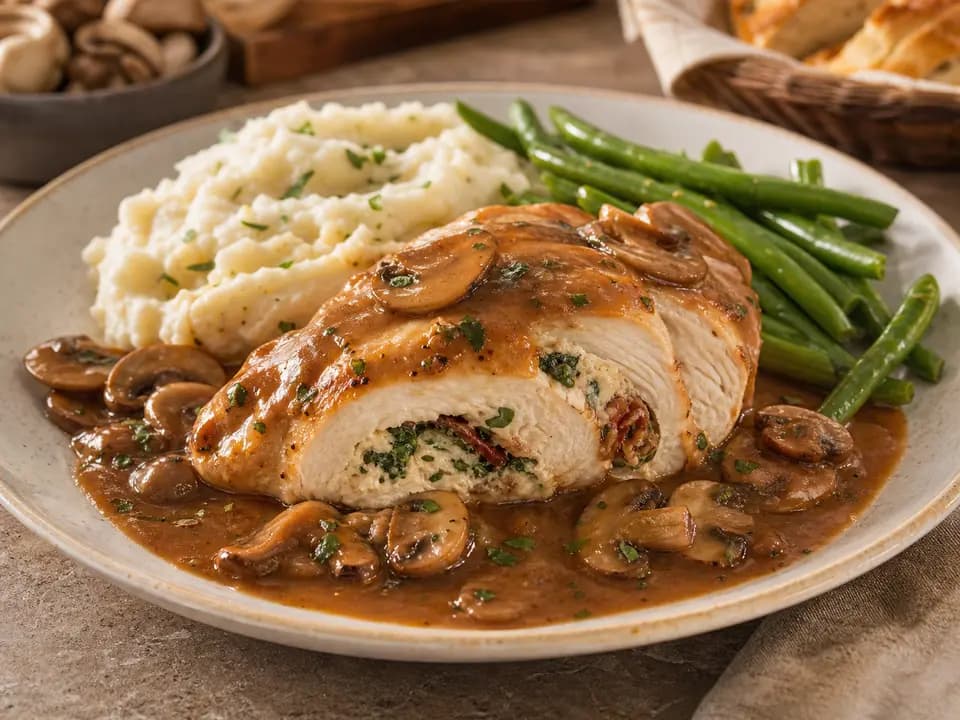 Original editorial rendering of Stuffed Chicken Marsala for the entrees menu reference
