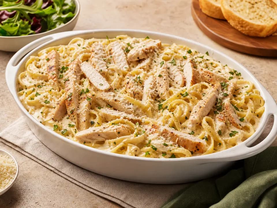 Original editorial rendering of Chicken Alfredo (Serves 4–6) for the family style menu reference