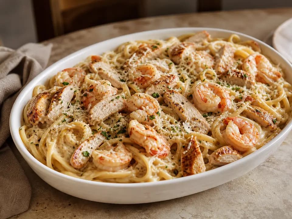 Original editorial rendering of Chicken and Shrimp Carbonara (Serves 4–6) for the family style menu reference