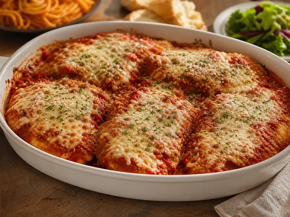 Original editorial rendering of Chicken Parmigiana (Serves 4–6) for the family style menu reference