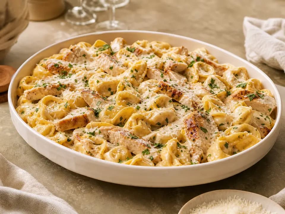 Original editorial rendering of Chicken Tortelloni Alfredo (Serves 4–6) for the family style menu reference