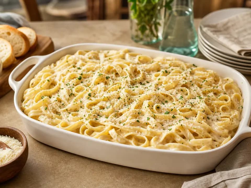 Original editorial rendering of Fettuccine Alfredo (Serves 4–6) for the family style menu reference