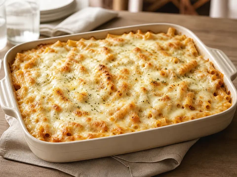 Original editorial rendering of Five Cheese Ziti al Forno (Serves 4–6) for the family style menu reference