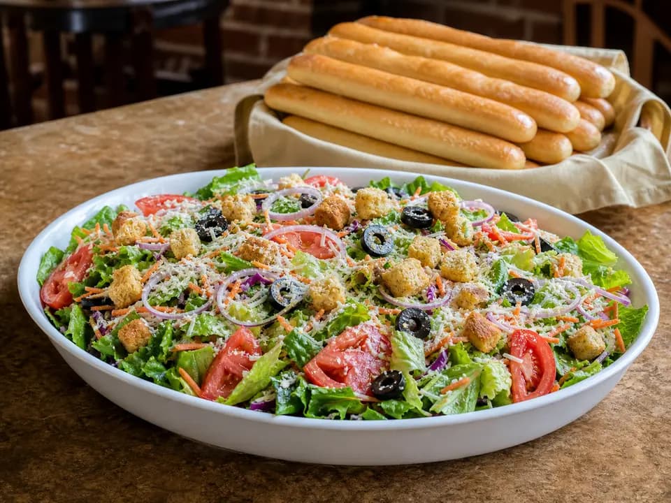 Original editorial rendering of Jumbo House Salad + 12 Breadsticks (Serves 6) for the family style menu reference