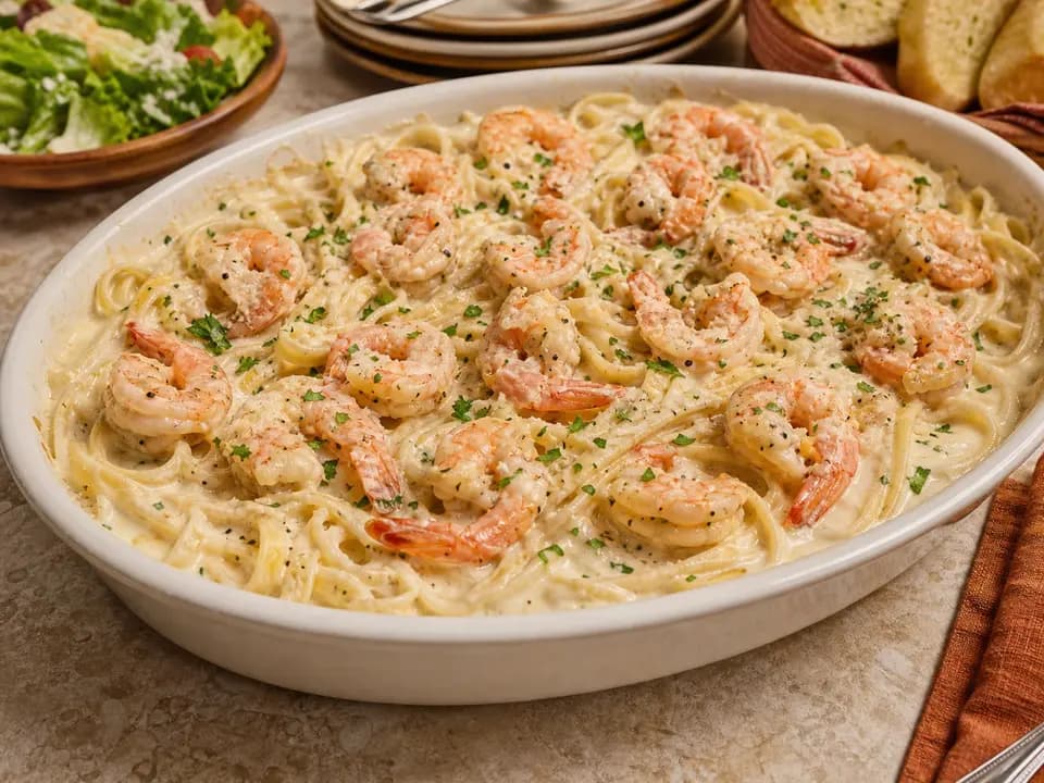 Original editorial rendering of Shrimp Alfredo (Serves 4–6) for the family style menu reference