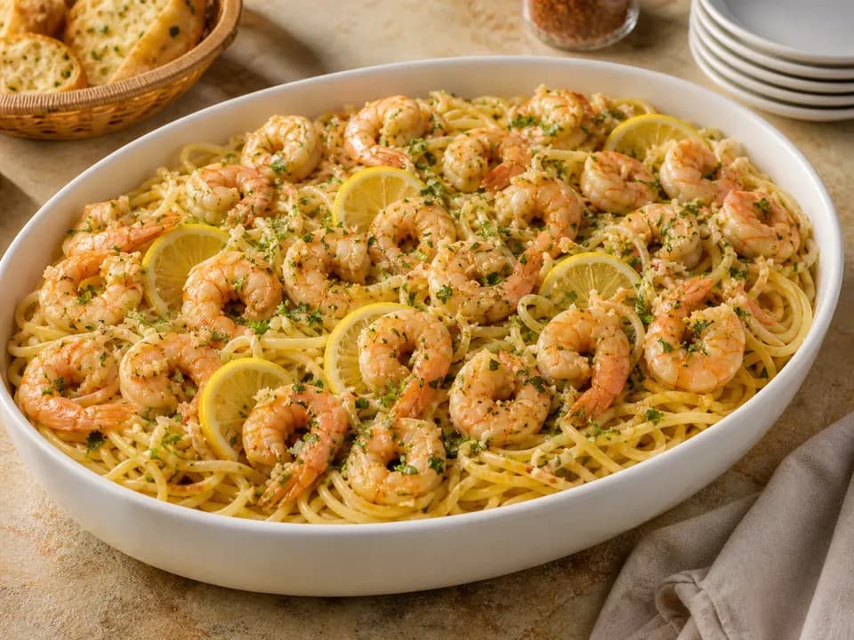 Original editorial rendering of Shrimp Scampi (Serves 4–6) for the family style menu reference