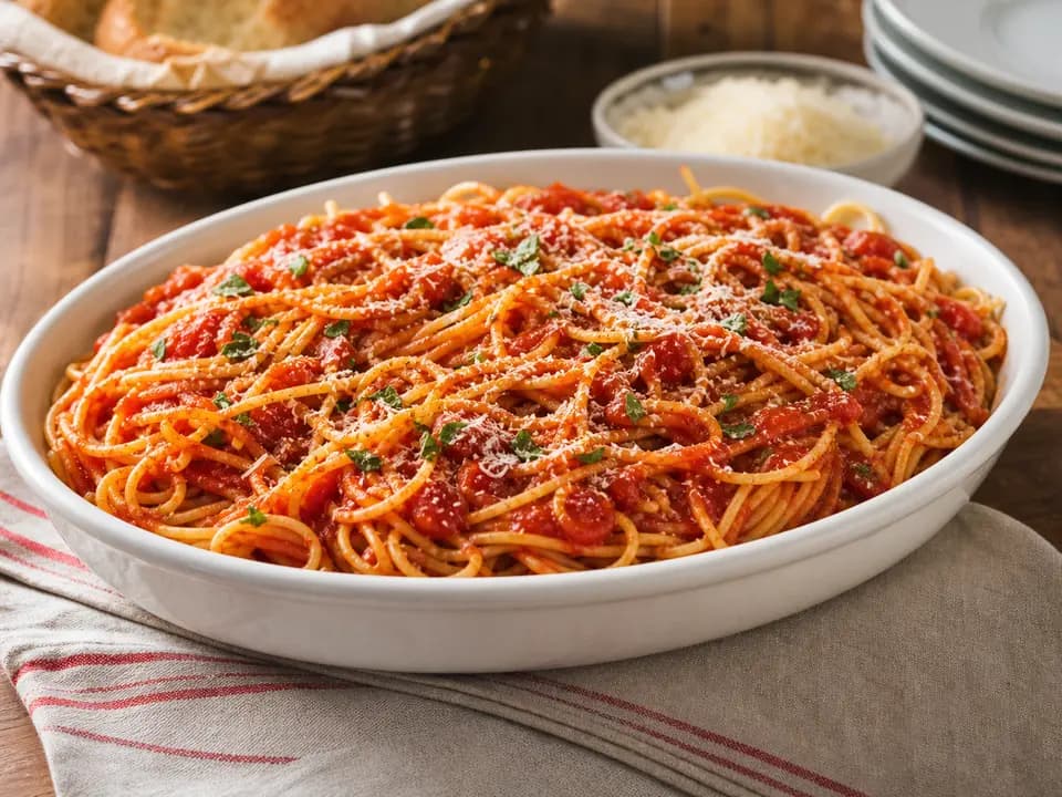 Original editorial rendering of Spaghetti with Marinara Sauce (Serves 4–6) for the family style menu reference