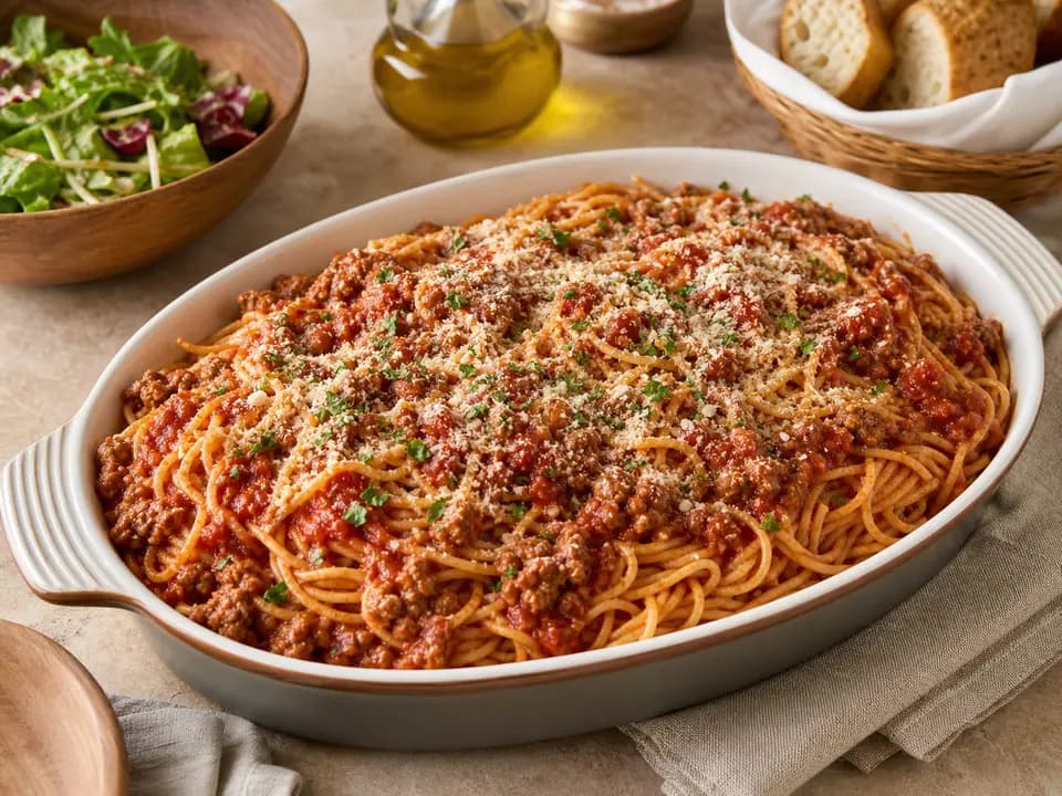 Original editorial rendering of Spaghetti with Meat Sauce (Serves 4–6) for the family style menu reference