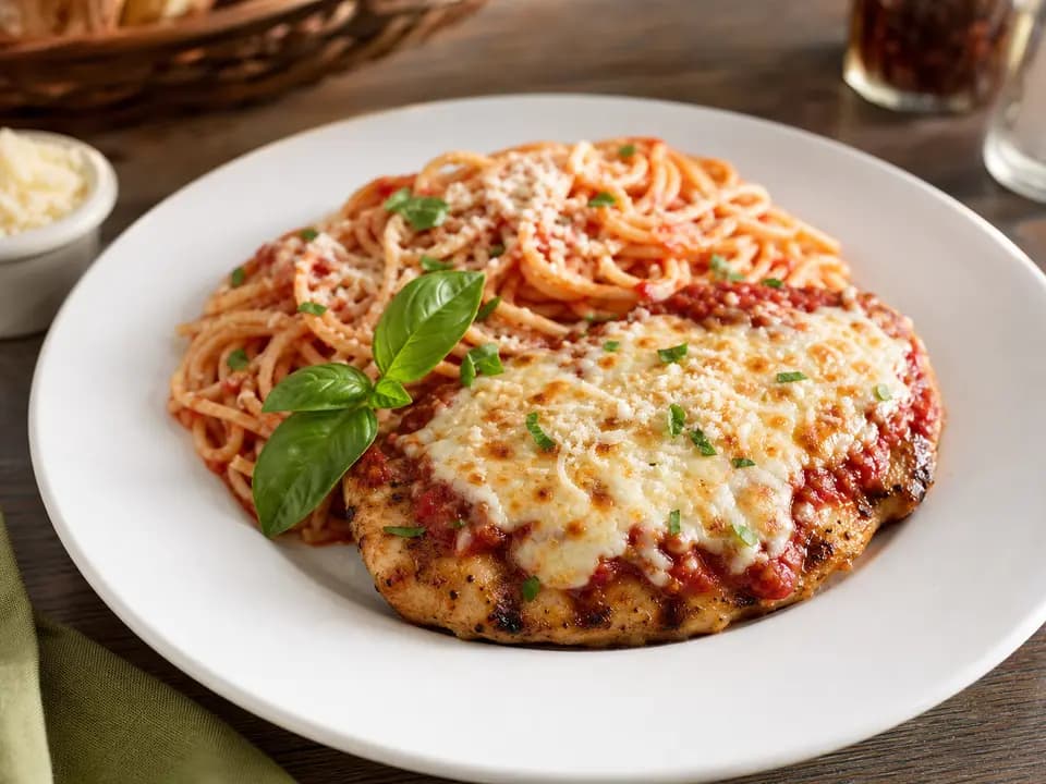 Original editorial rendering of Grilled Chicken Parmigiana for the gluten-sensitive reference menu reference