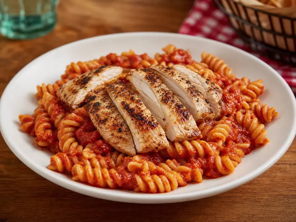 Original editorial rendering of Grilled Chicken with Rotini Pasta & Marinara (kids) for the gluten-sensitive reference menu reference