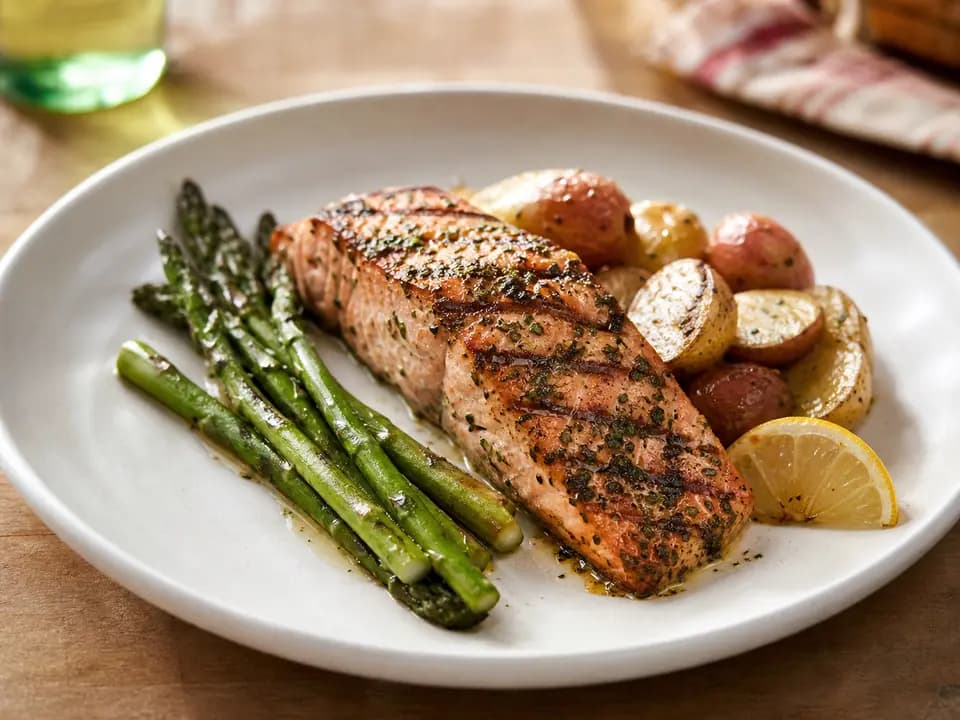Original editorial rendering of Herb-Grilled Salmon for the gluten-sensitive reference menu reference